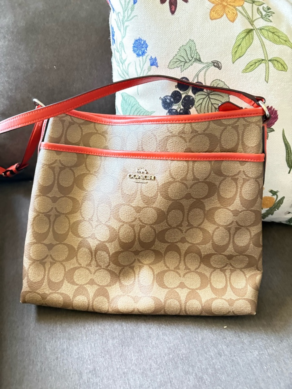 Coach Signature Leather Crossbody Bag in Tan with Orange Trim